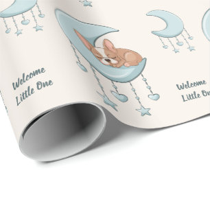 Franse Bulldog op Maan Blauw Baby Jongen Baby Show Cadeaupapier