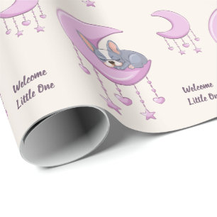 Franse Bulldog op Maan Roze Baby Meisje Baby Showe Cadeaupapier
