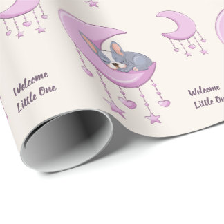 Franse Bulldog op Maan Roze Baby Meisje Baby Showe Cadeaupapier