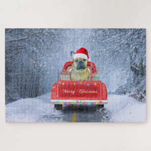 Franse Bulldog op sneeuw tijdens de kerstmis Legpuzzel