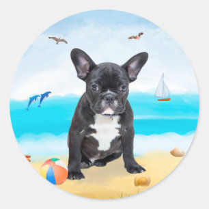 Franse Bulldog op Strand Ronde Sticker