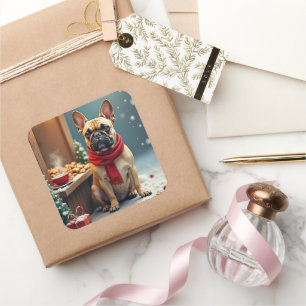 Franse Bulldog op Vintage Kerstmarkt Vierkante Sticker