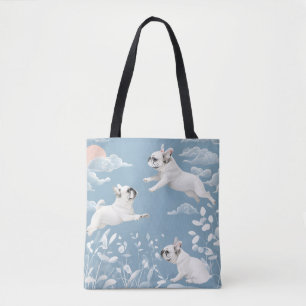 Franse Bulldog Pastel Kleur Witte Bloemen Draagtas