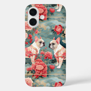 Franse Bulldog Pastel Roze Bloemen Golven iPhone 16 Hoesje