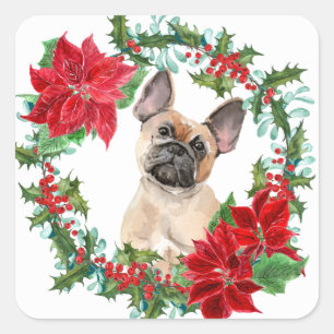 Franse Bulldog Poinsettia Kerstkrans Vierkante Sticker