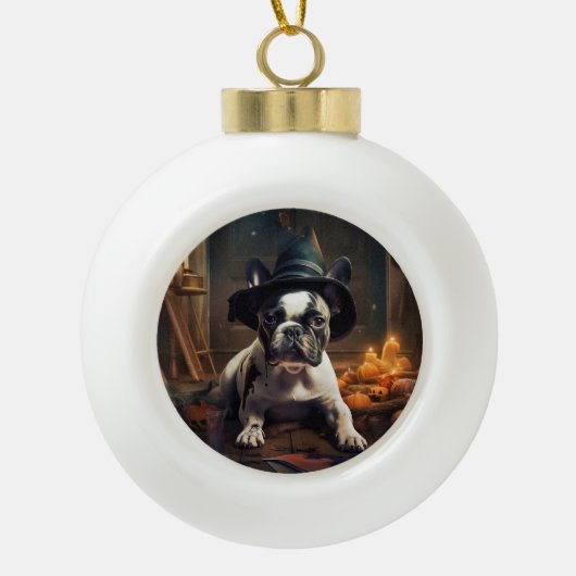 Franse Bulldog pompoenen Halloween eng Keramische Bal Ornament (Voorkant)