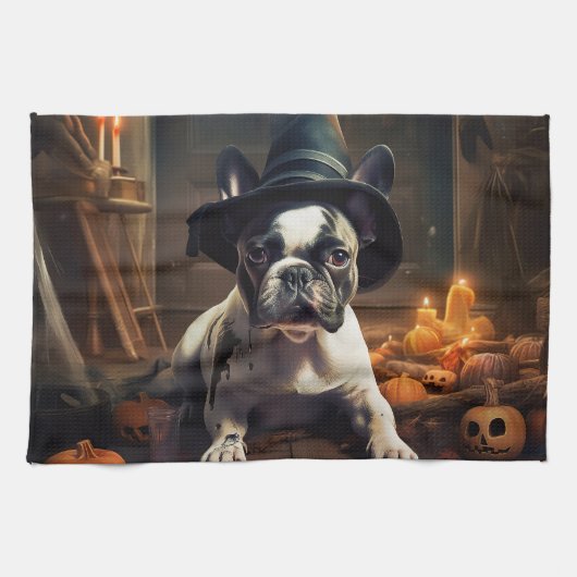 Franse Bulldog pompoenen Halloween eng Theedoek (Horizontaal)