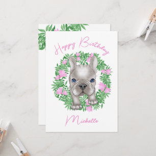 Franse bulldog pup met bloemenkrans kaart