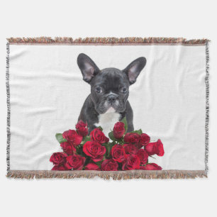 Franse Bulldog Puppy Rozen Bloemen Gooien Wit Deken