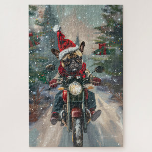 Franse Bulldog rijdt op motorfiets met Kerstmis Legpuzzel