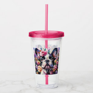 Franse Bulldog Rozen Floral Roze Zwart Wit Acryl Drinkbeker
