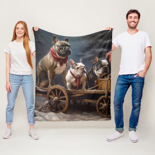 Franse Bulldog Snowy Sleigh Kerst Decor Fleece Deken (In situ)