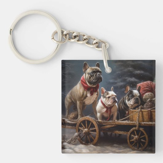 Franse Bulldog Snowy Sleigh Kerst Decor Sleutelhanger (Voorkant)