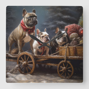 Franse Bulldog Snowy Sleigh Kerst Decor Vierkante Klok