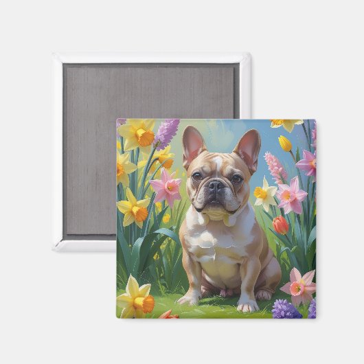 Franse Bulldog Spring Bloemen Schilderen Magneet (Voorkant / Achterkant)