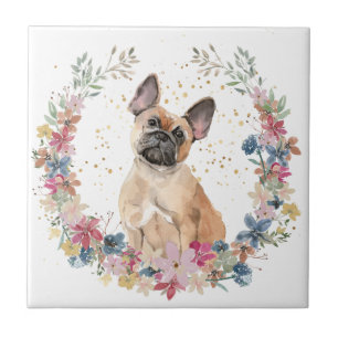 Franse Bulldog Spring Flowers Wreath Tegeltje