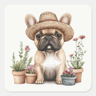 Franse Bulldog Tuinieren Bloempotten Vierkante Sticker