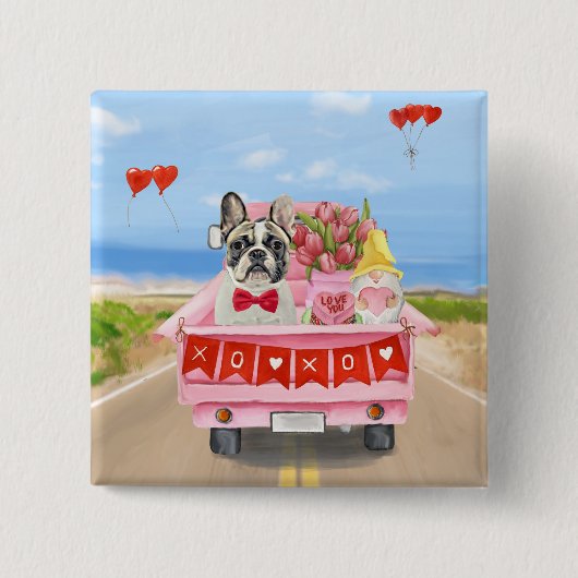 Franse Bulldog Valentijnsdag Truck Vierkante Button 5,1 Cm (Voorkant)