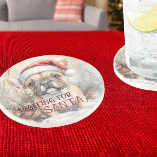 Franse Bulldog wacht op Waterverf Santa Zandsteen Onderzetter