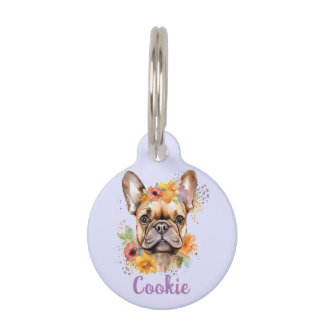 Franse Bulldog Waterverf Bloem Ronde Pet Tag Huisdierpenning