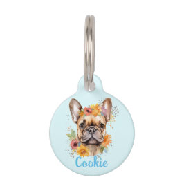 Franse Bulldog Waterverf Bloem Ronde Pet Tag Huisdierpenning