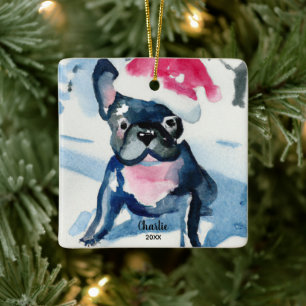 Franse Bulldog Wearing Santa Hat, jaar met aangepa Keramisch Ornament