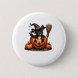 Franse Bulldog Witch Pumpkin Halloween Mannen vrou Ronde Button 5,7 Cm