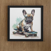 Franse Bulldog zittend op skateboard Poster