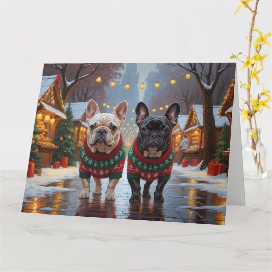 Franse Bulldogs Kerstmis Sneeuw Vakantie Kaart (Gele Bloem)