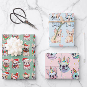 Franse Bulldogs Pastel kerstpatroon Inpakpapier Vel