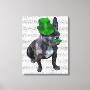 Franse bulledog met Green Top Hat en Mustache Canvas Afdruk