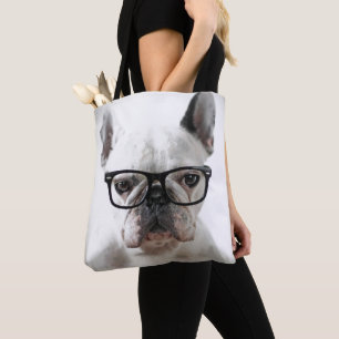 Franse bulledog met zwarte oogbril draagtas