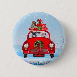 Franse bullehond in auto met kerstman ronde button 5,7 cm