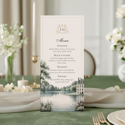 Franse Château Monogram Elegante Trouwmenukaart Menu