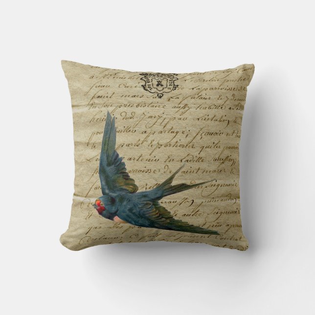  Franse Chic Bird Print Flying Swallow Kussen (Voorkant)