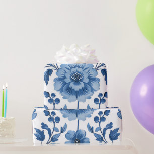 Franse CottageCore Blauwe Bloemen Patronen Cadeaupapier