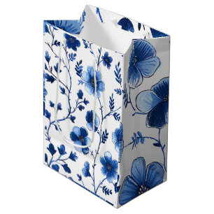 Franse CottageCore Blauwe Bloemen Patronen Weefsel Medium Cadeauzakje