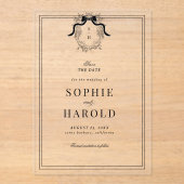 Franse Crest Coquette Bow Monogram Huwelijk Acryl Uitnodigingen (Voorkant)