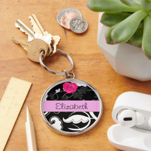 Franse Damask, Flowers, Black and White, Jouw naam Sleutelhanger