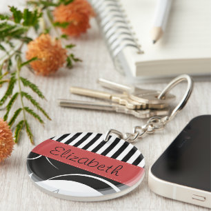 Franse Damask, Stripes, Black and White, Jouw naam Sleutelhanger