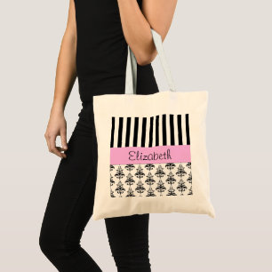 Franse Damask, Stripes, Black and White, Jouw naam Tote Bag