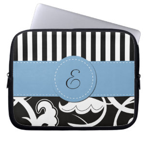 Franse Damask, Stripes, Black and White, Monogram Laptop Sleeve