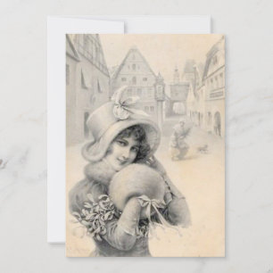 Franse Dame Kerst Pet Muff Mistletoe Feestdagenkaart