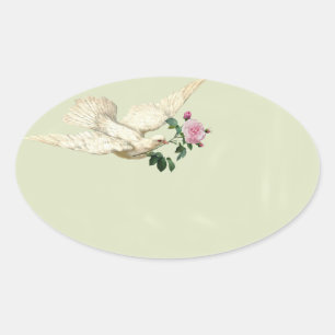 Franse duif met roze roze roos op whiskergroen ovale sticker