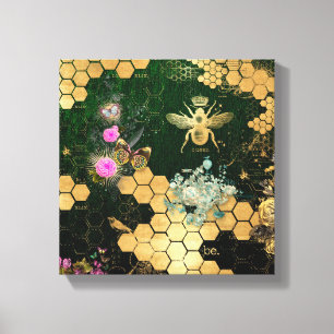 Franse elegant, Victoriaans, bij, bloemen, gouden Canvas Afdruk