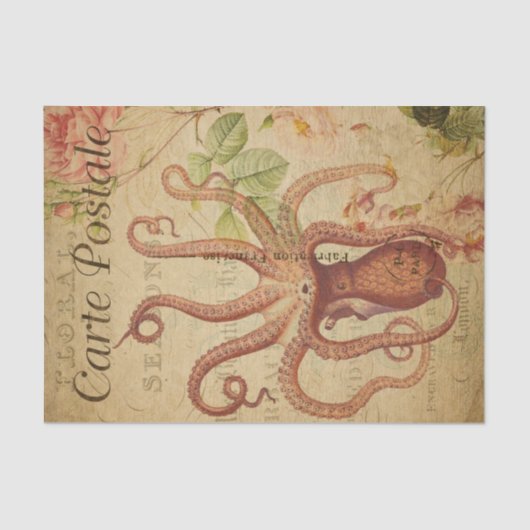 Franse ephemera Octopus Squid roze Roses ontkoppel Tissuepapier (Voorkant)