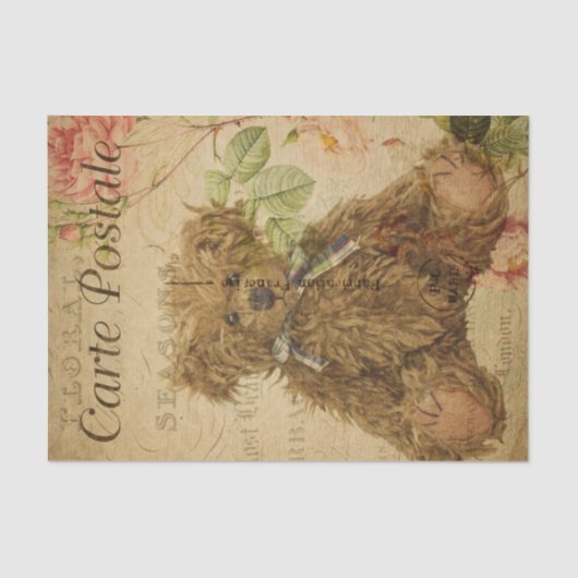 Franse ephemera Teddy Bear Rozen Floral Decoupage Tissuepapier (Voorkant)