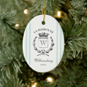  Franse familie Crest Aqua Grain Sack Stripe Keramisch Ornament
