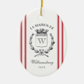 Franse familie Crest Red Grain Sack Stripe Keramisch Ornament (Voorkant)