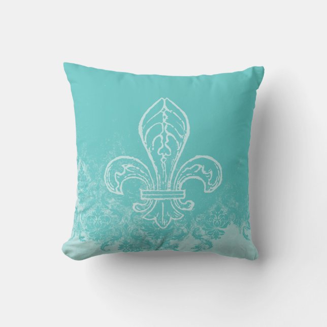 Franse Fleur de Lis Aqua Damask Kussen (Voorkant)